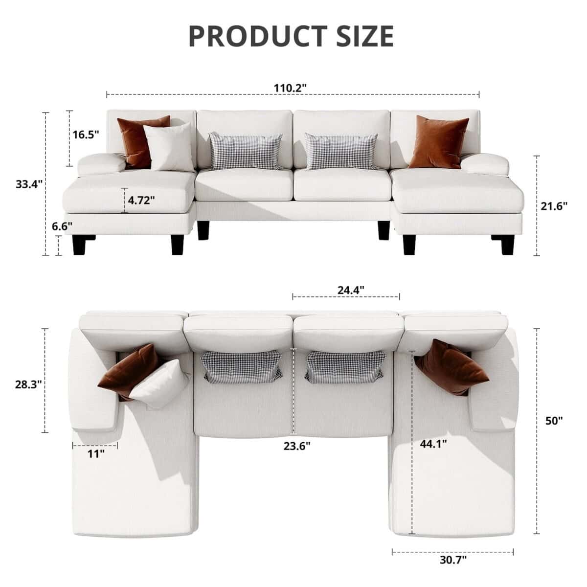 U Shaped Sectional Sofa with Chaise, 4 Seats Chenille Fabric Sofa for Living room
