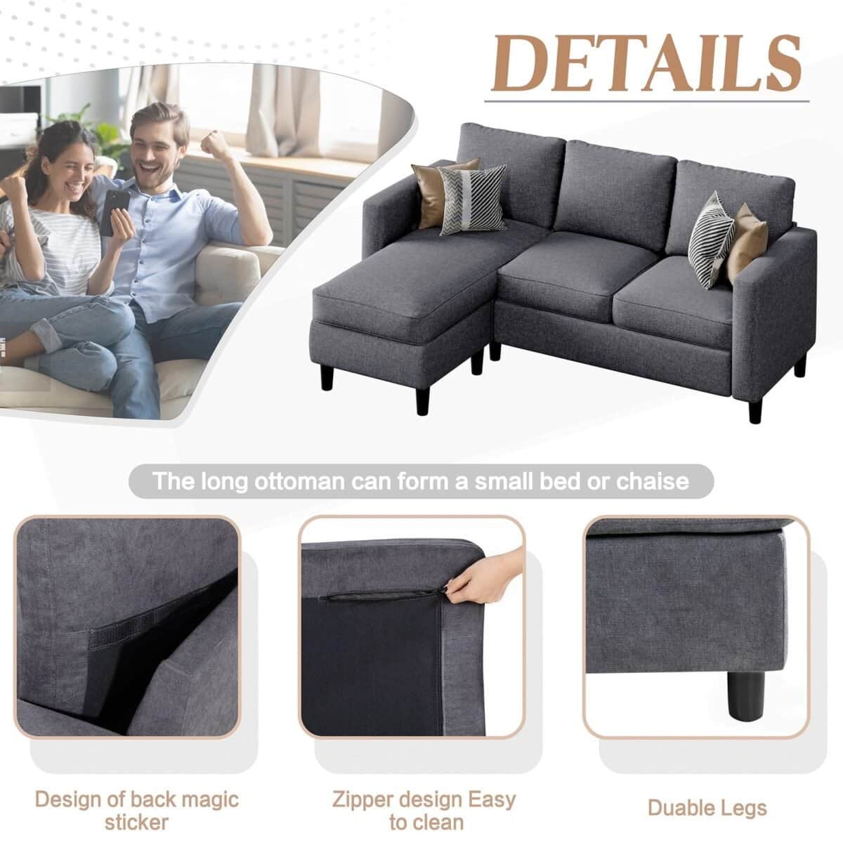 Sectional Sofa Free Combination Sectional Couch Small L-Shaped Linen Fabric Sofa for Living Room