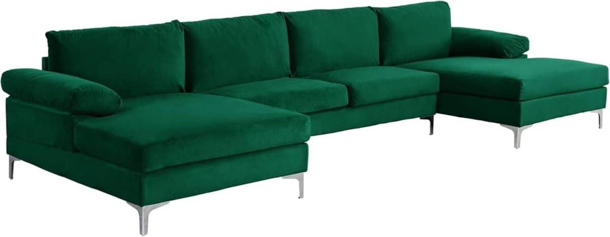 Modern Large Velvet Fabric U-Shape Sectional Sofa, Double Extra Wide Chaise Lounge Couch  Home