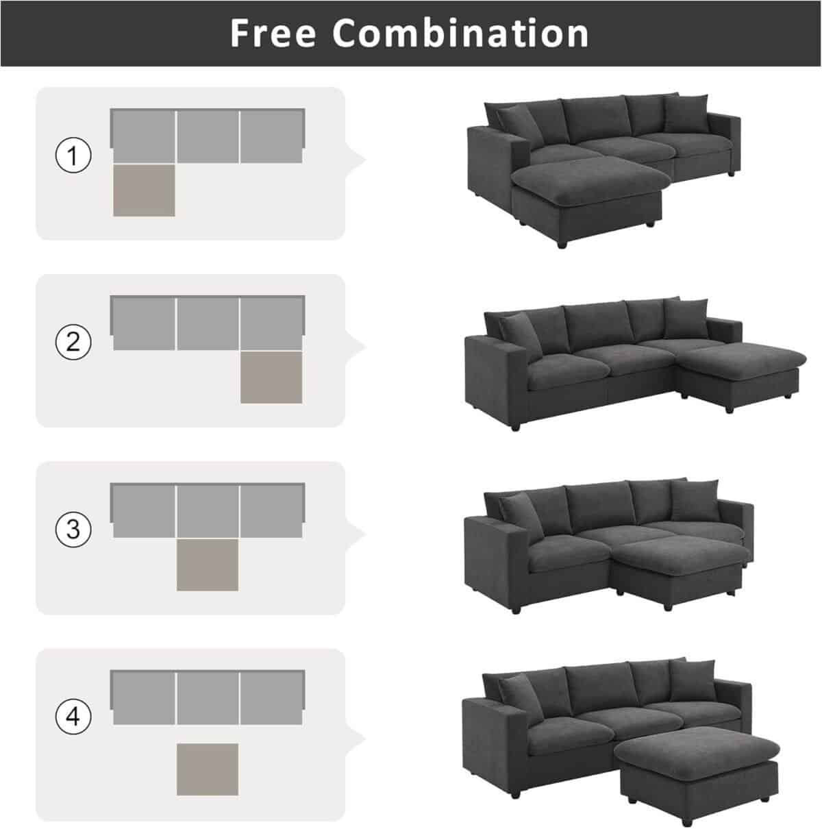 Modern L-shaped sectional sofa with a convertible ottoman and 2 pillows, 4-Seat Couch for Living Room, Sectional sofa for small spaces
