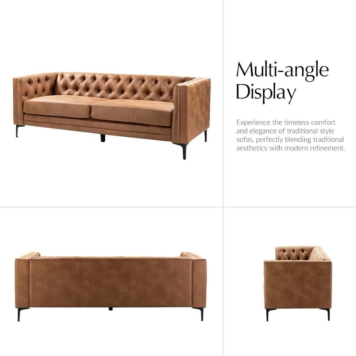 Leather Sofa Couch with Metal Legs, Button-Tufted 3-Seater Sofa, Mid Century Modern Upholstered Couch for Living Room