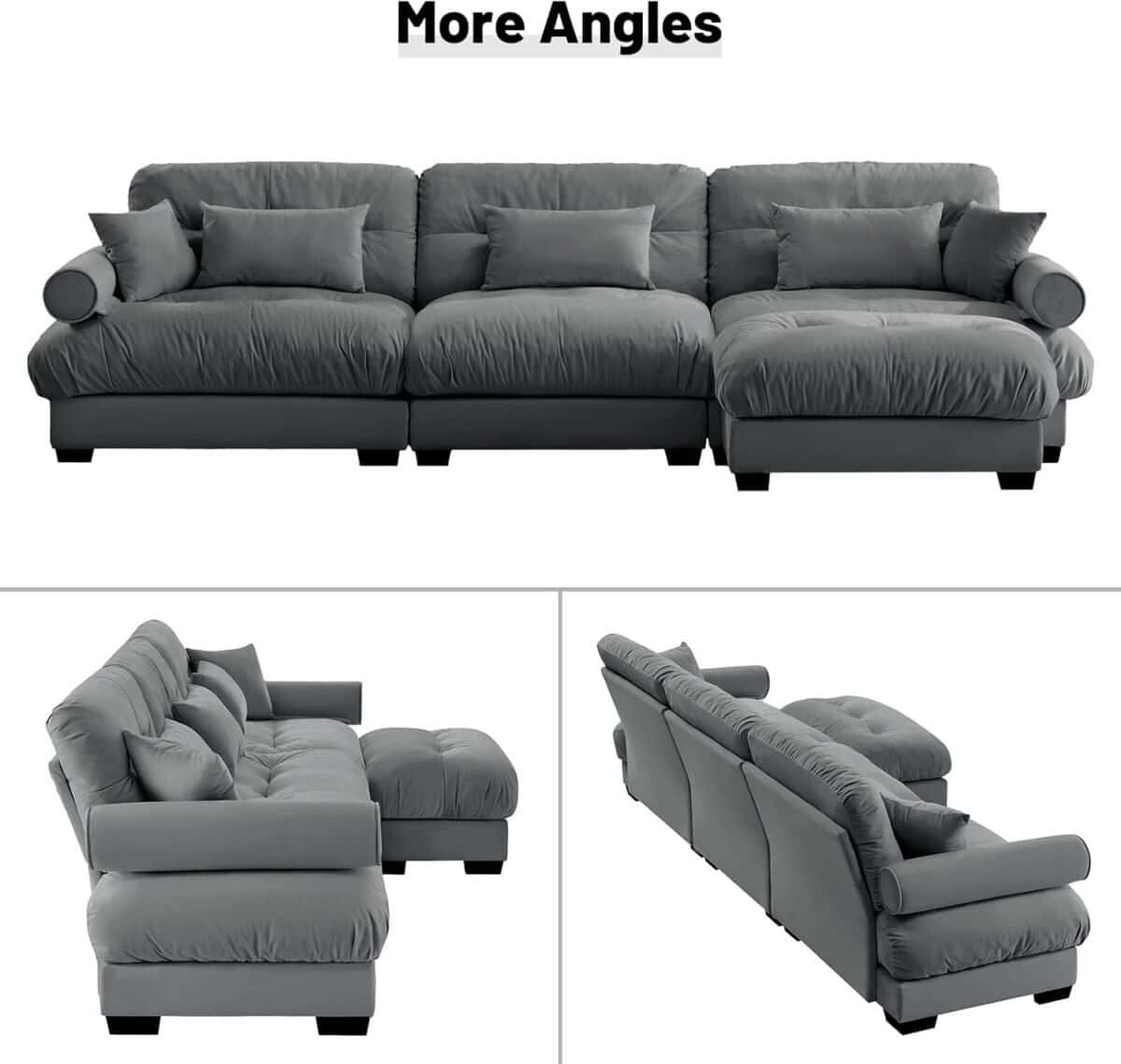 Oversized L Shape Sofa with Movable Ottoman, Convertible Cloud Sectional Couch, Velvet Fluffy Modular Sleeper Sofa