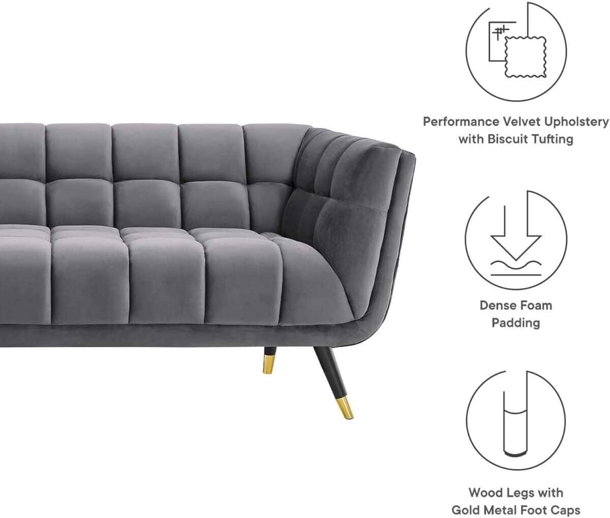 Modway Adept Contemporary Mid-Century Modern Performance Velvet Upholstered Tufted Sofa