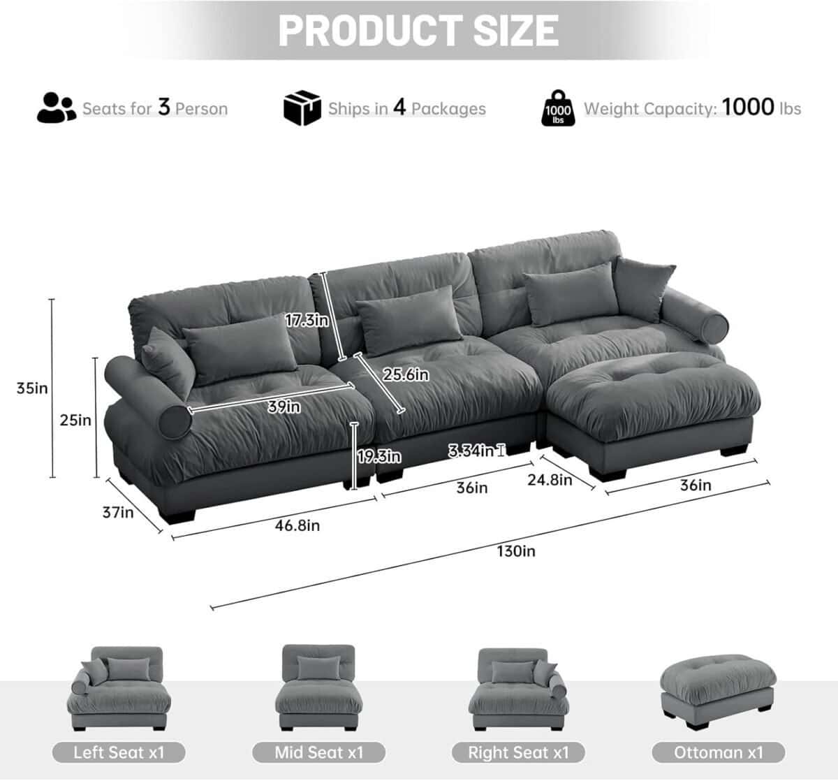 Oversized L Shape Sofa with Movable Ottoman, Convertible Cloud Sectional Couch, Velvet Fluffy Modular Sleeper Sofa