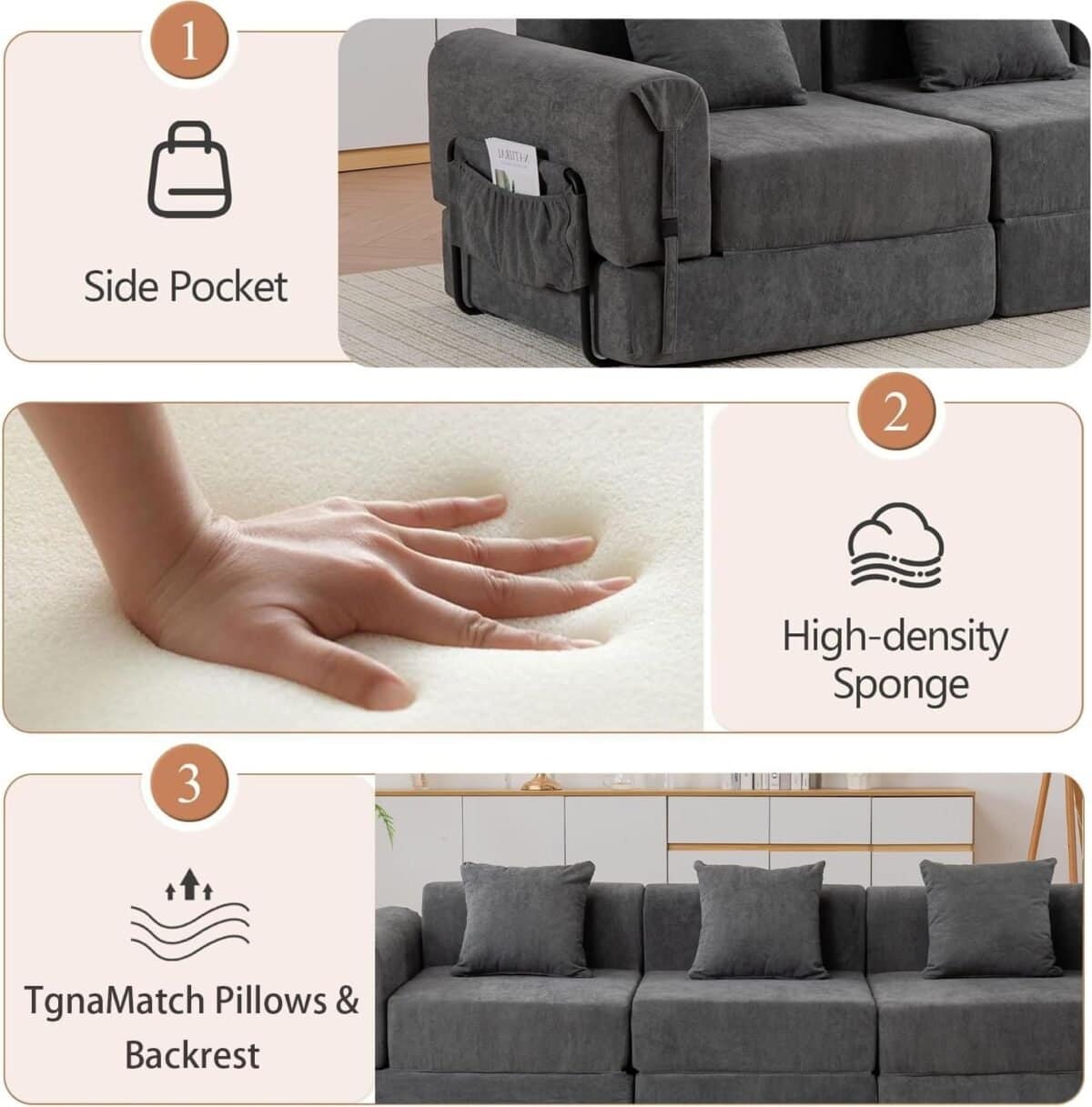 Modular Sectional Sofa,Cloud Corduroy 3 Seat Couch with Storage Pocket,Modern Upholstered Sleeper Sofa