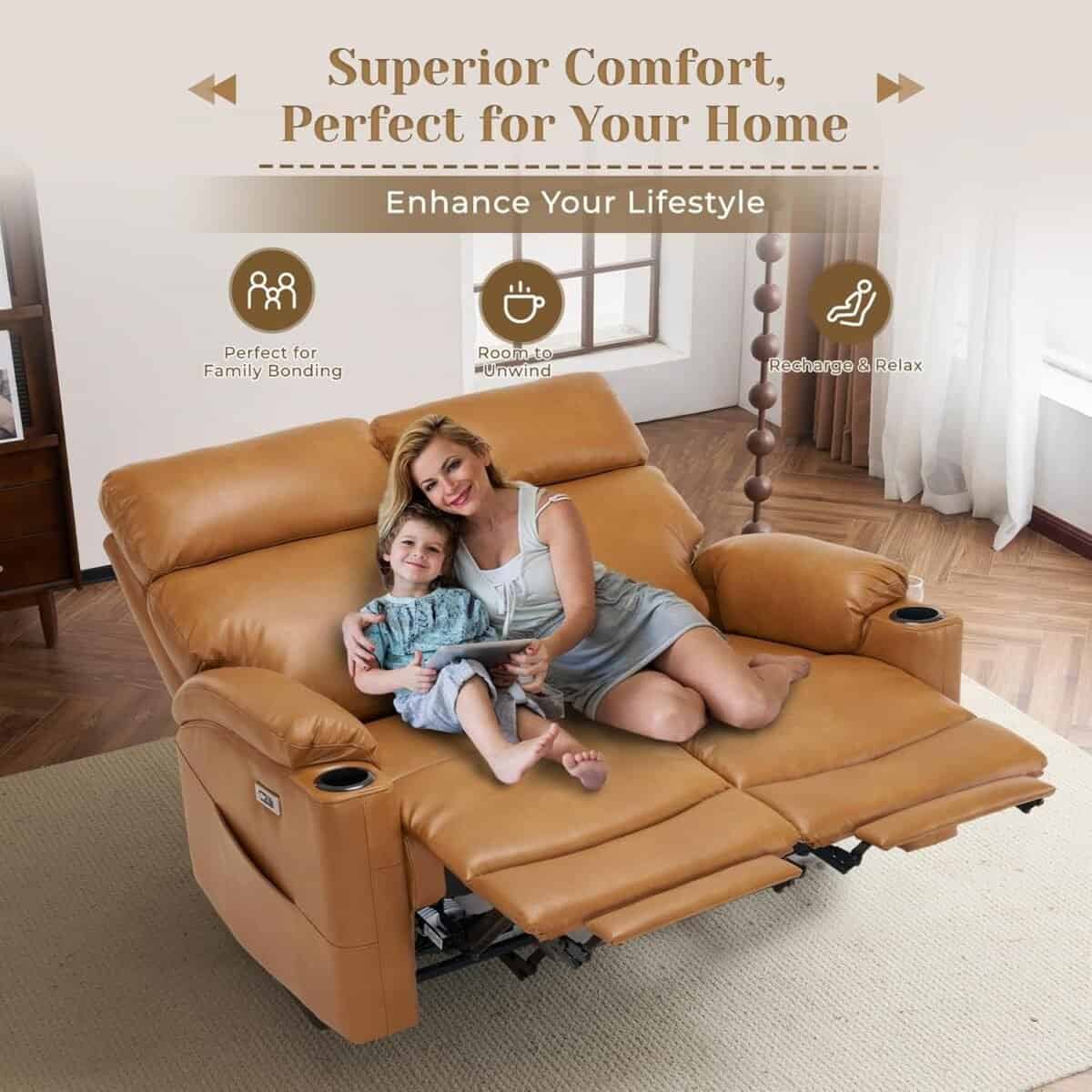 Power Recliner Loveseat, Electric Reclining Sofa with USB & Type-C Ports, Wall Hugger Loveseat Recliner with Extended Footrest