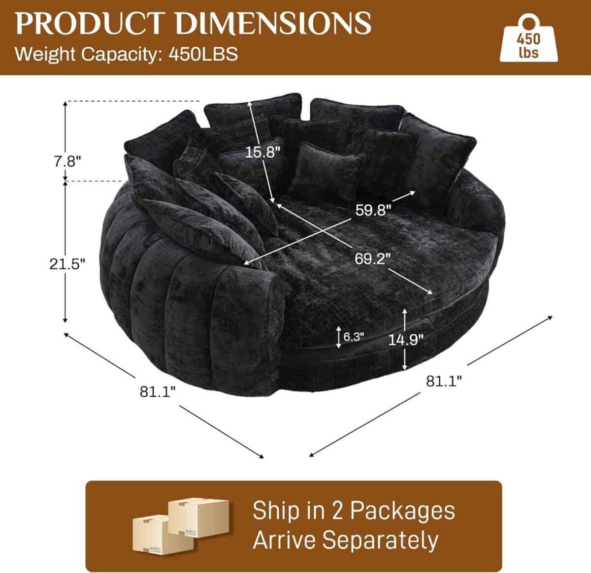 Oversized Bean Bag Chair, Upholstered Chenille Round Sofa Bed, Fluffy Plush Chaise Lounge Chair Indoor, Modern Comfy Cloud Couch with Deep Seat for Living Room