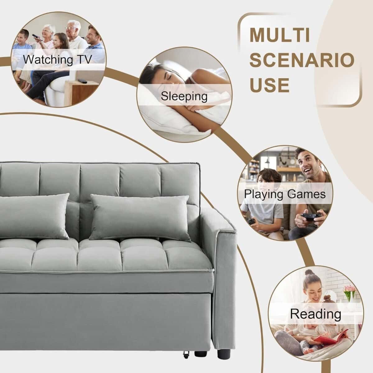Pull Out Couch Bed Sleeper Sofa, Velvet 3-in-1 loveseat Sofa Bed with Pull-Out Bed, Two Throw Pillows