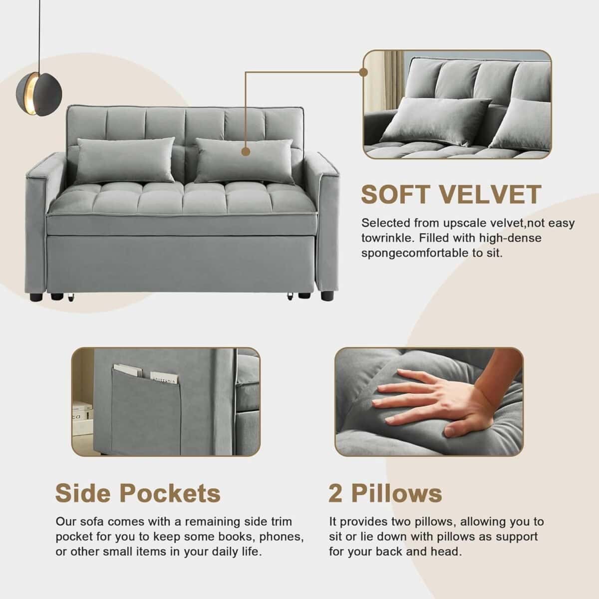 Pull Out Couch Bed Sleeper Sofa, Velvet 3-in-1 loveseat Sofa Bed with Pull-Out Bed, Two Throw Pillows