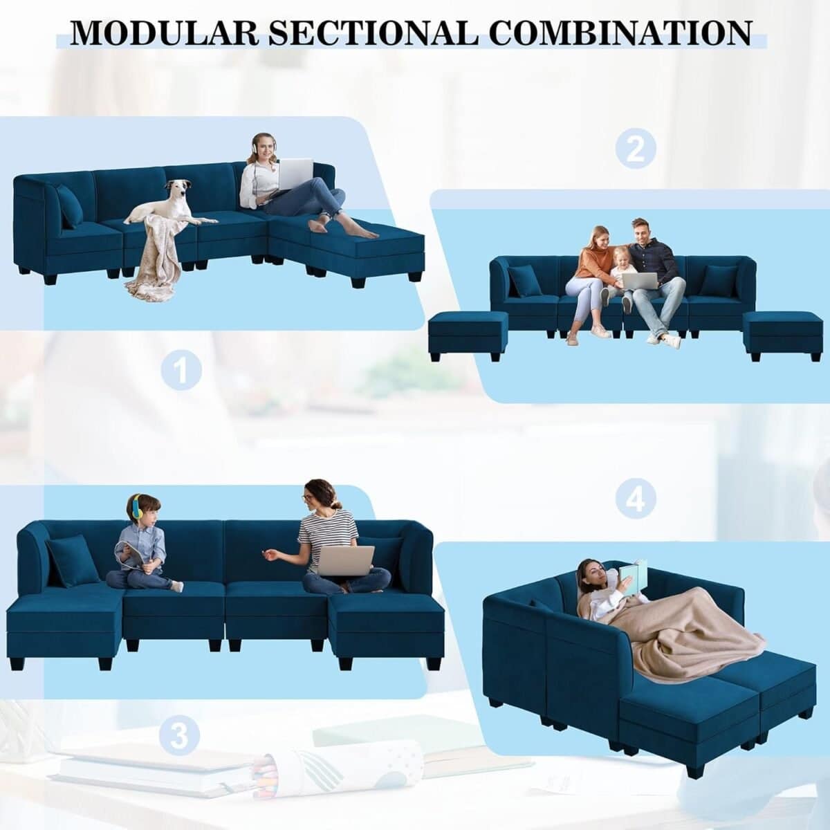 Sectional Couch Modular Sofa with Reversible Chaise Velvet U-Shaped Couch Sofa