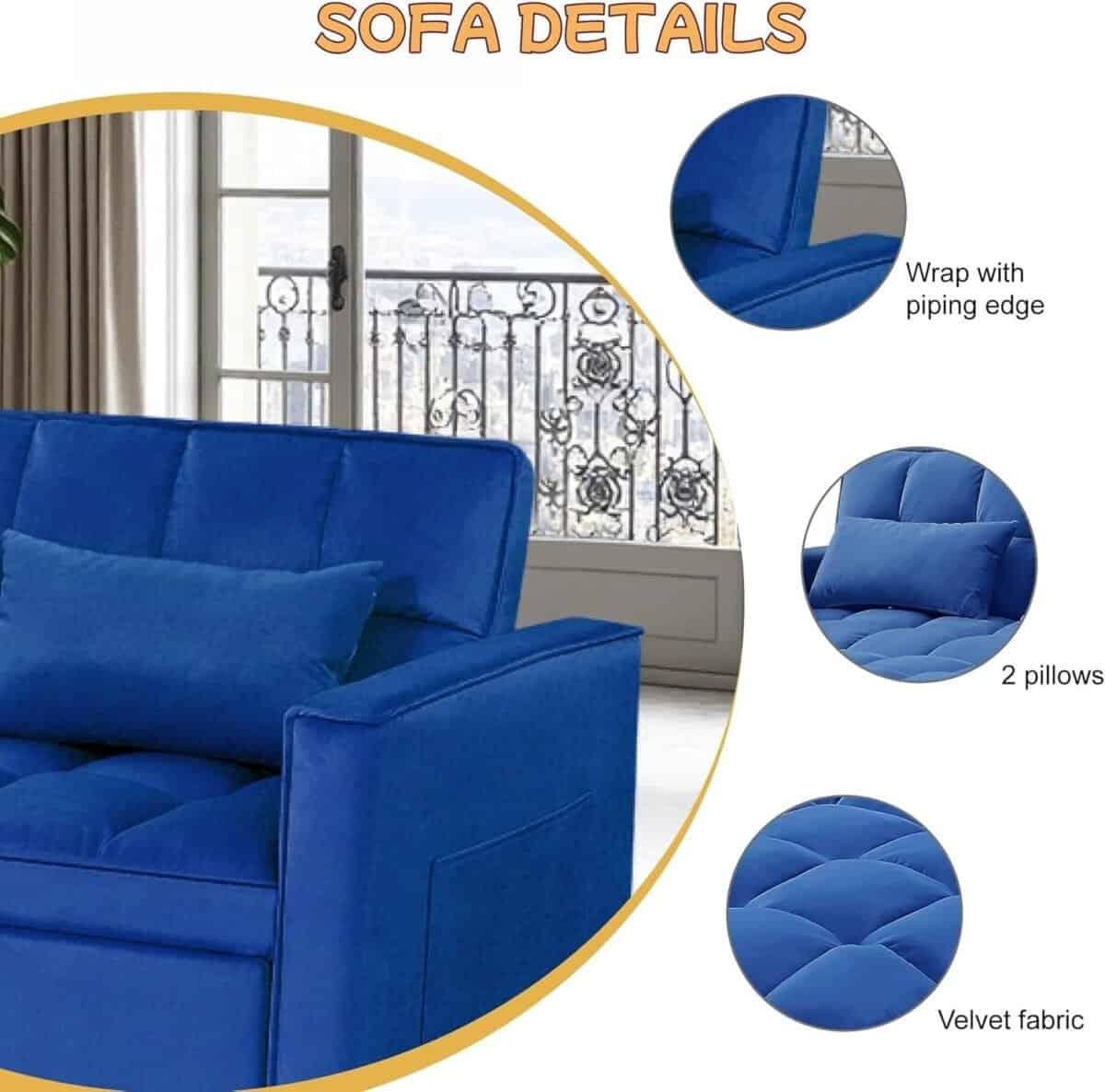 3 in 1 Sleeper Sofa Bed, Sleeper Sofa Couch with Pullout Bed, Convertible Love Seat Sleepers Bed with Side Pocket