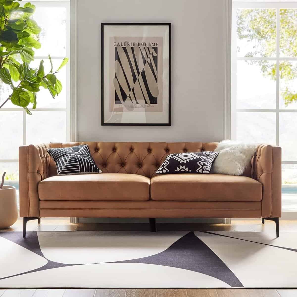 Leather Sofa Couch with Metal Legs, Button-Tufted 3-Seater Sofa, Mid Century Modern Upholstered Couch for Living Room