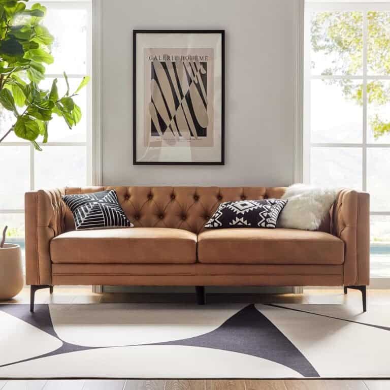 Leather Sofa Couch with Metal Legs, Button-Tufted 3-Seater Sofa, Mid Century Modern Upholstered Couch for Living Room