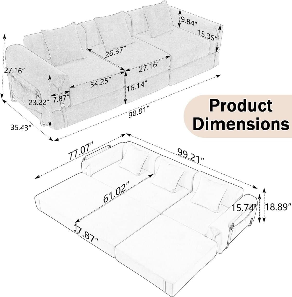 Modular Sectional Sofa,Cloud Corduroy 3 Seat Couch with Storage Pocket,Modern Upholstered Sleeper Sofa