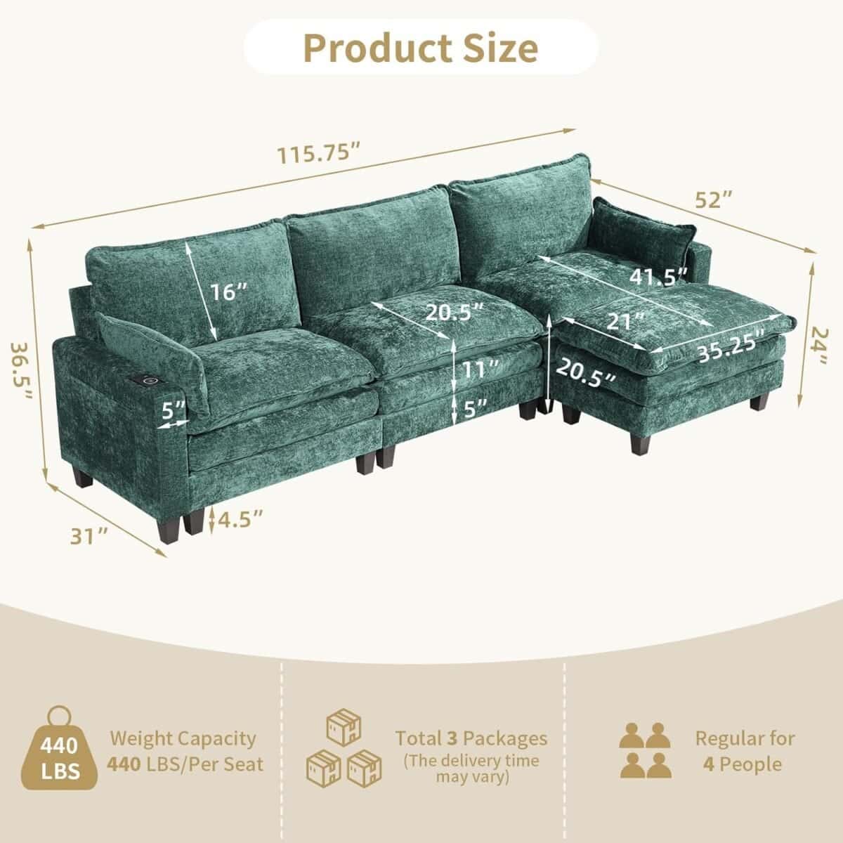 L Shaped Cloud Couch Set for Living Room with Movable Ottoman, 4-Seater Modern Sectional Modular Sofa