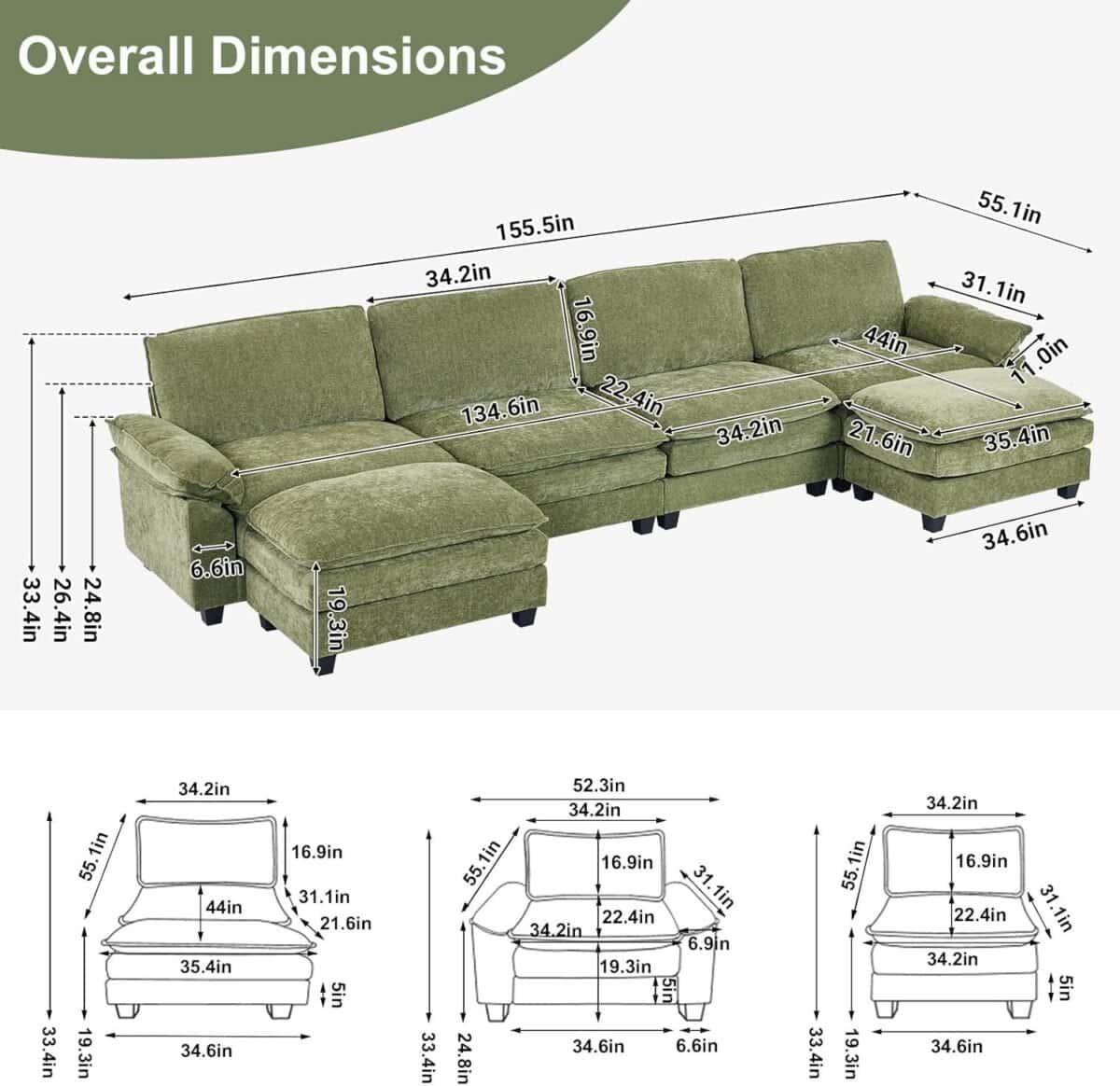 Sofa Modular Deep Seat Sofa Couch with Ottoman, Chenille Sofa Sleeper Comfy Upholstered Furniture for Living Room