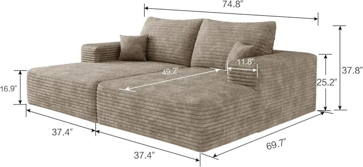 Modern Sofa Bed with Dual Sleeper and Chaise Lounge, Plush Corduroy Fabric, Camel Color