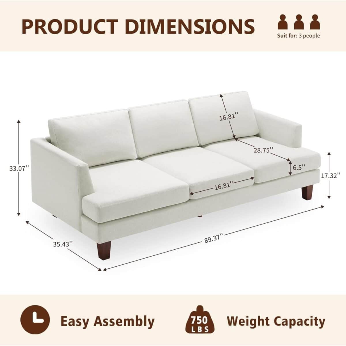 Sofa Couch with Deep Seats,  Mid Century Modern Upholstered Sofa with Armrests, Comfy Couches for Living Room, Bedroom