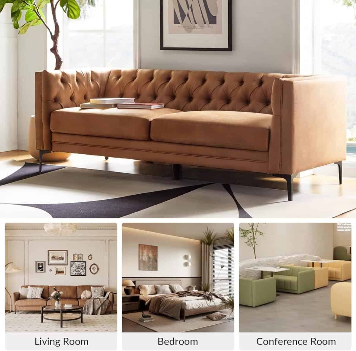Leather Sofa Couch with Metal Legs, Button-Tufted 3-Seater Sofa, Mid Century Modern Upholstered Couch for Living Room