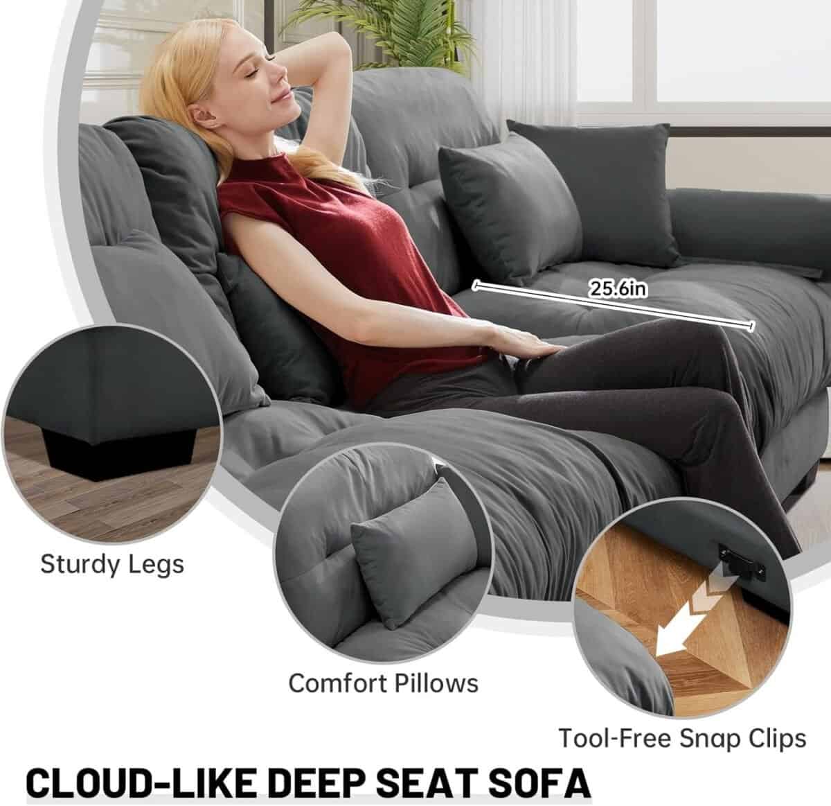 Oversized L Shape Sofa with Movable Ottoman, Convertible Cloud Sectional Couch, Velvet Fluffy Modular Sleeper Sofa