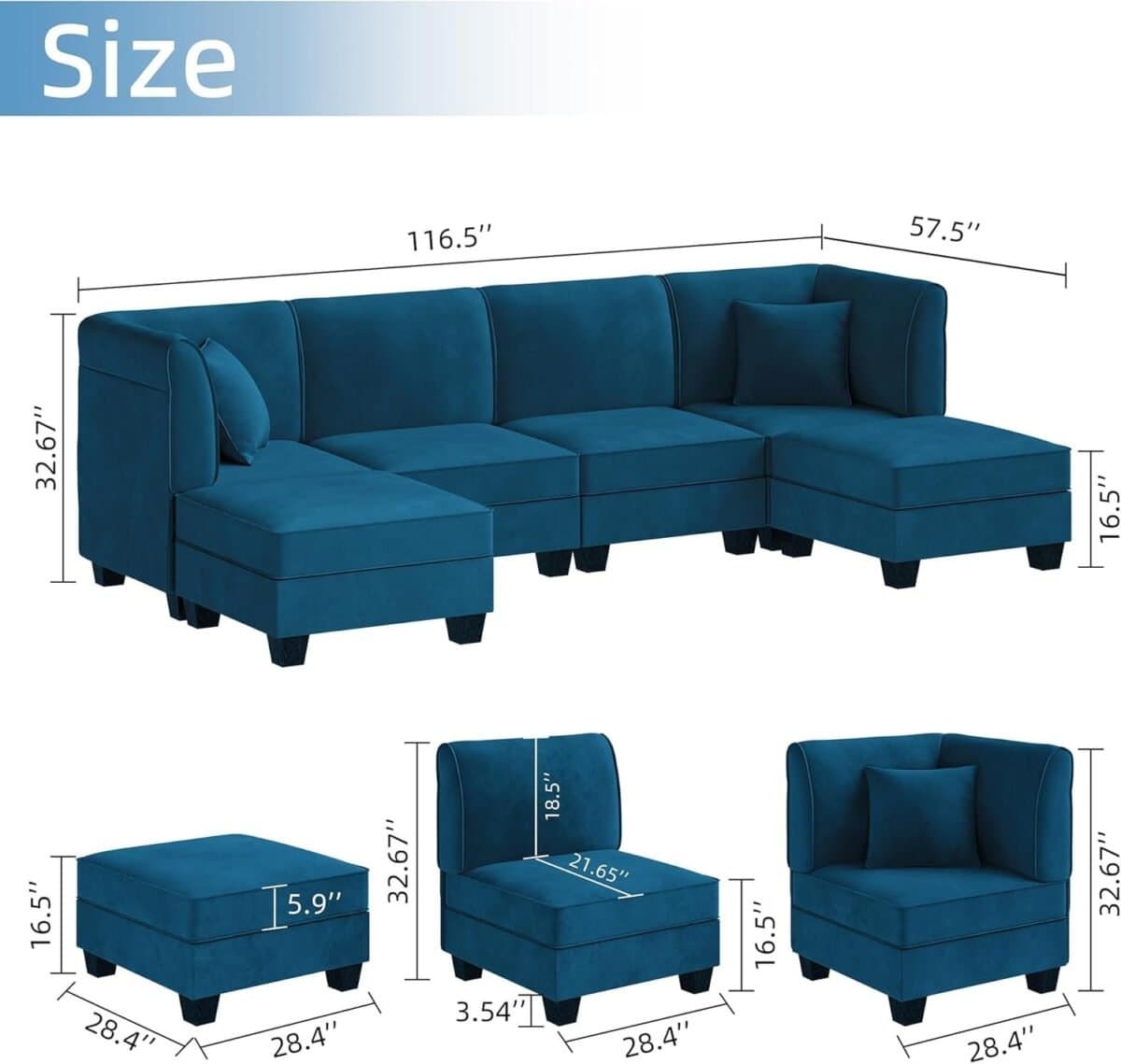 Sectional Couch Modular Sofa with Reversible Chaise Velvet U-Shaped Couch Sofa