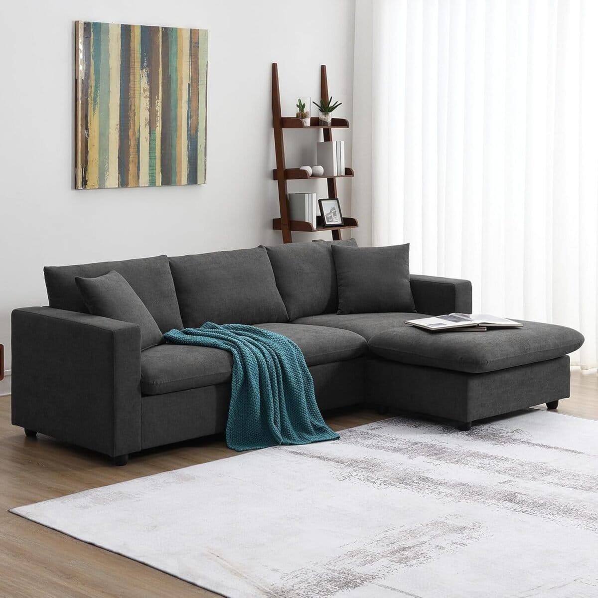 Modern L-shaped sectional sofa with a convertible ottoman and 2 pillows, 4-Seat Couch for Living Room, Sectional sofa for small spaces