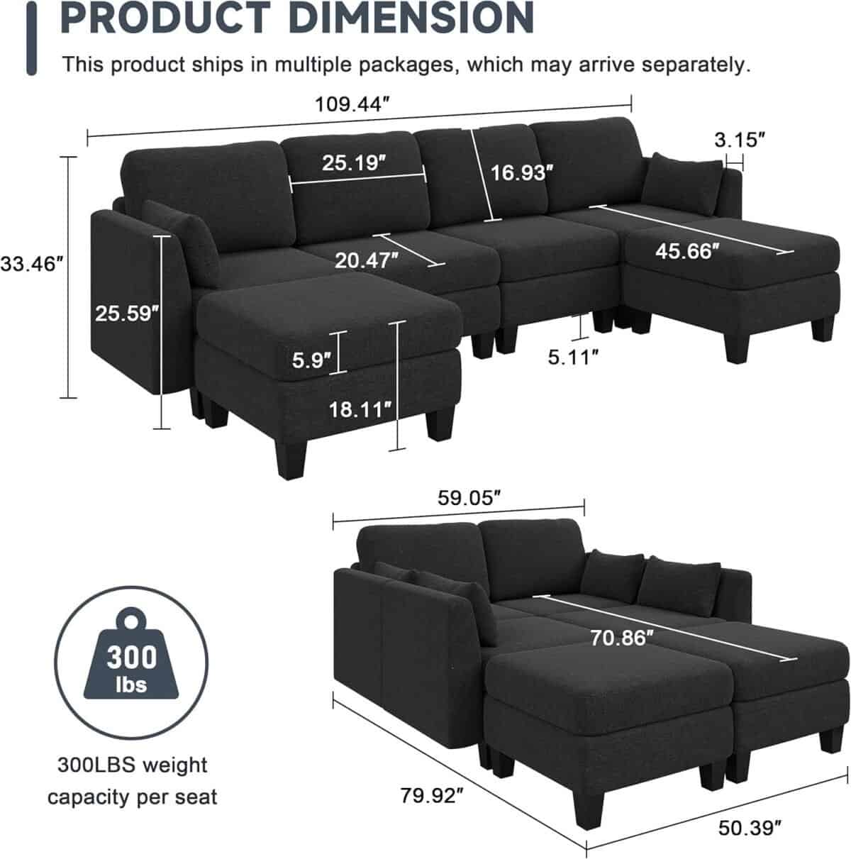 Modular Sectional Sofa, Convertible U Shaped Sofa Couch with High Density Memory Foam, 6 Seat Comfy Modular Sofa Couch