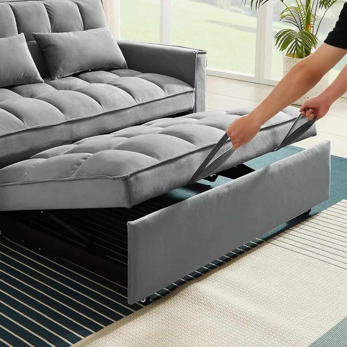 Pull Out Couch Bed Sleeper Sofa, Velvet 3-in-1 loveseat Sofa Bed with Pull-Out Bed, Two Throw Pillows