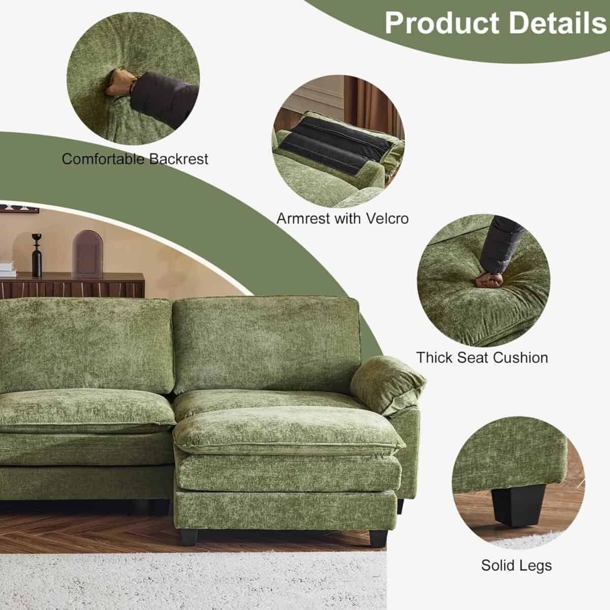 Sofa Modular Deep Seat Sofa Couch with Ottoman, Chenille Sofa Sleeper Comfy Upholstered Furniture for Living Room