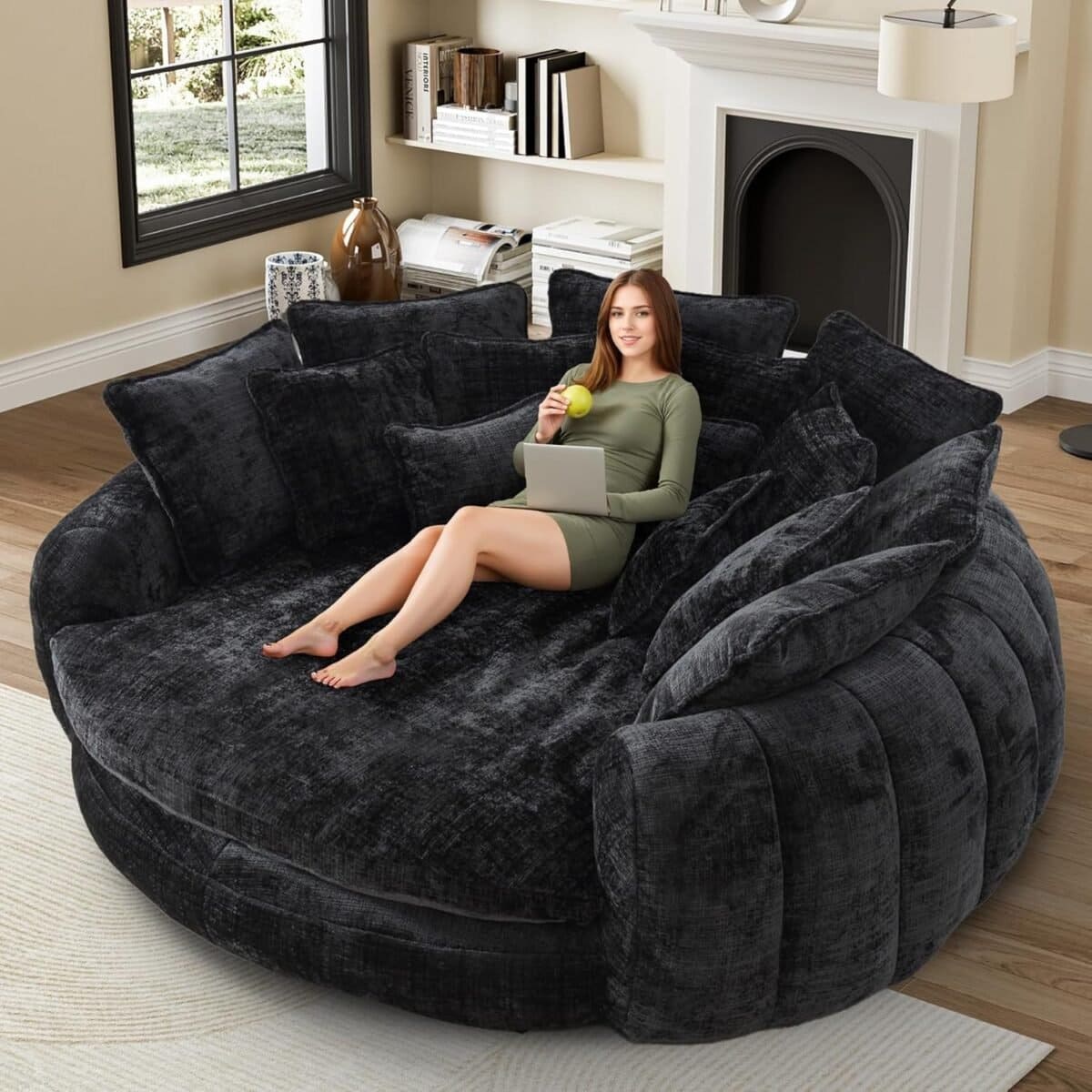 Oversized Bean Bag Chair, Upholstered Chenille Round Sofa Bed, Fluffy Plush Chaise Lounge Chair Indoor, Modern Comfy Cloud Couch with Deep Seat for Living Room