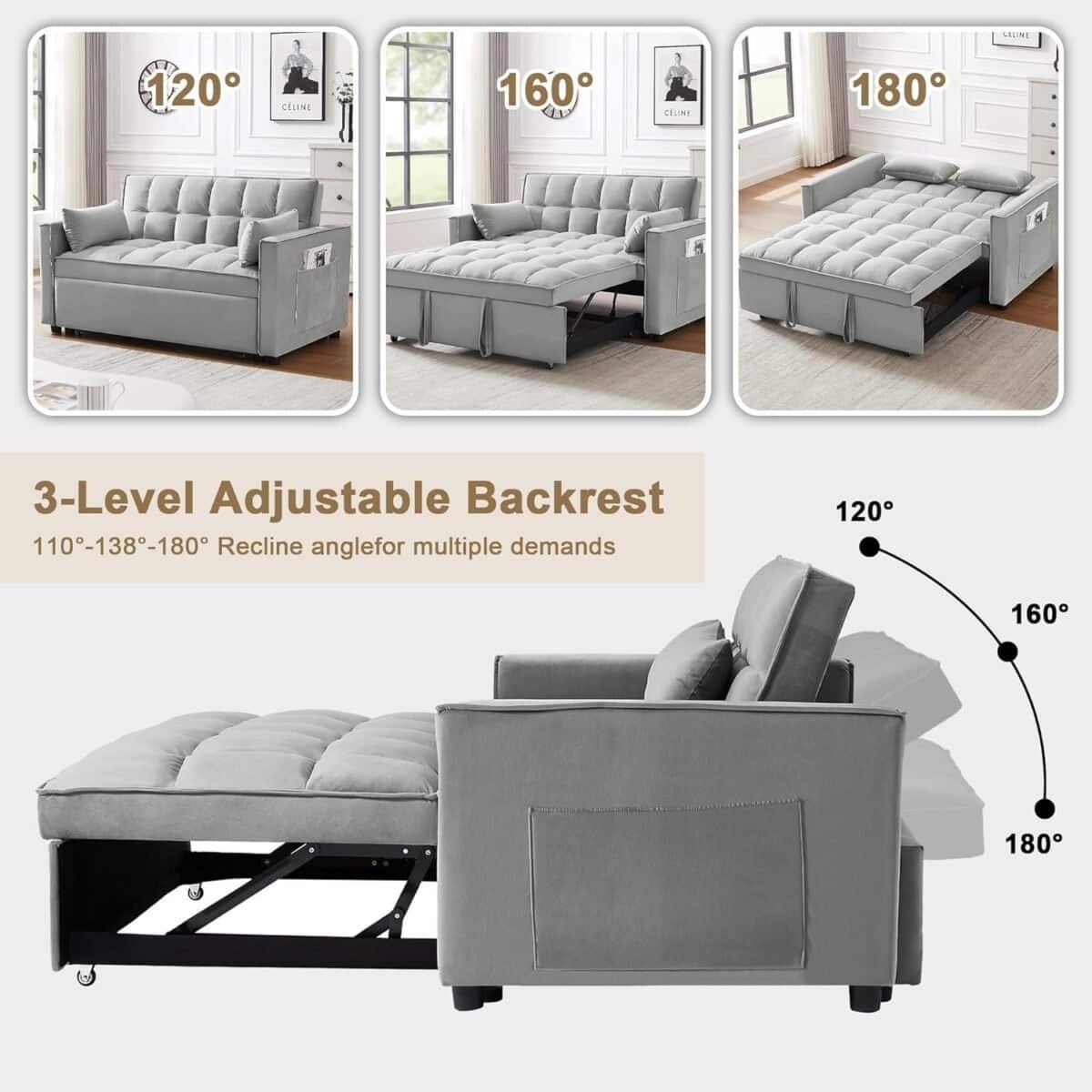Pull Out Couch Bed Sleeper Sofa, Velvet 3-in-1 loveseat Sofa Bed with Pull-Out Bed, Two Throw Pillows