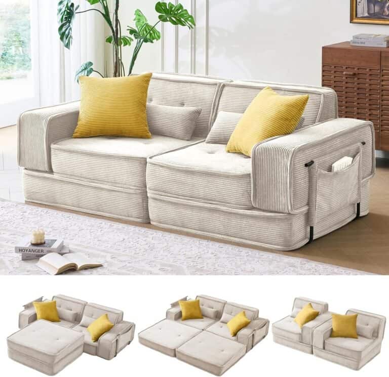Modular Sofa Bed, Sectional Couch for Living Room, Compressed Cloud Couch with Corduroy Fabric & Lumbar Pillows