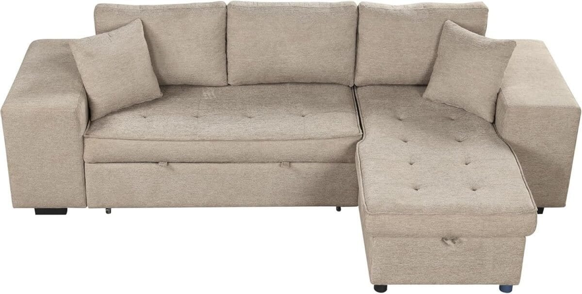 Sectional Sofa with Pull-Out Sleeper Sofa Bed, Chenille 3 Seat Sleeper Sofa with Wheels, Storage Chaise and 2 Stools, Upholstered Couch for Living Room