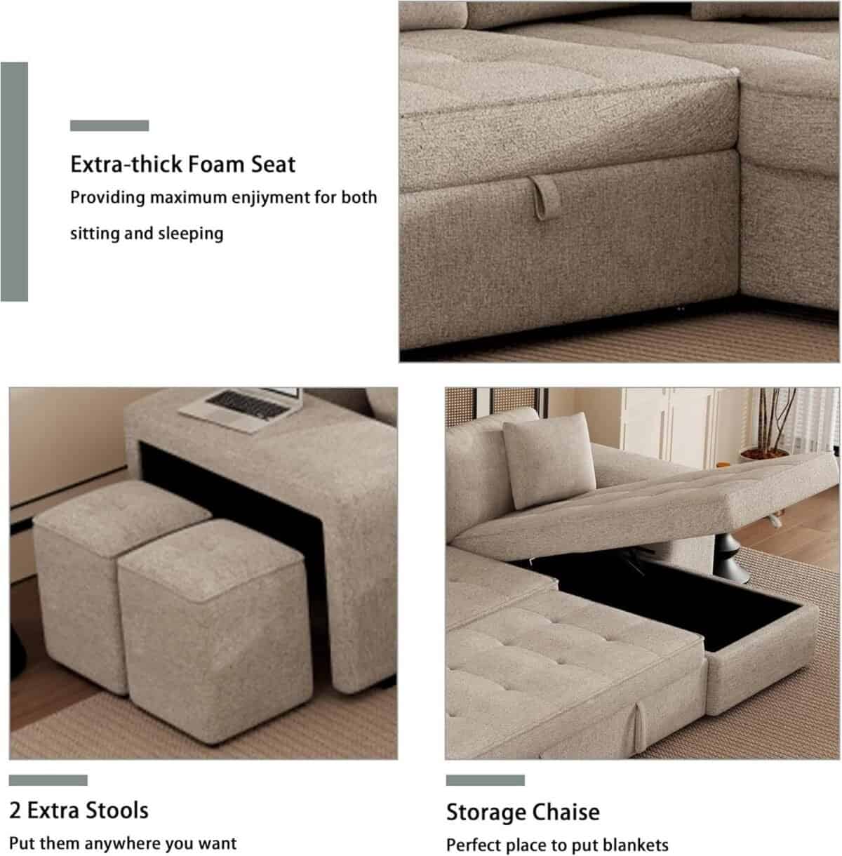 Sectional Sofa with Pull-Out Sleeper Sofa Bed, Chenille 3 Seat Sleeper Sofa with Wheels, Storage Chaise and 2 Stools, Upholstered Couch for Living Room