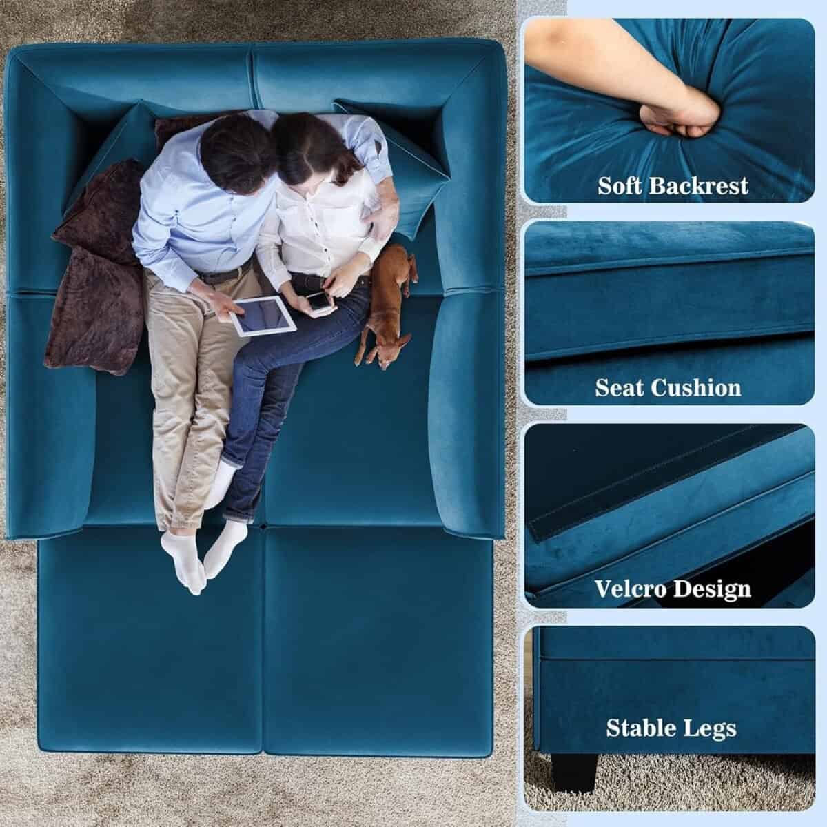 Sectional Couch Modular Sofa with Reversible Chaise Velvet U-Shaped Couch Sofa