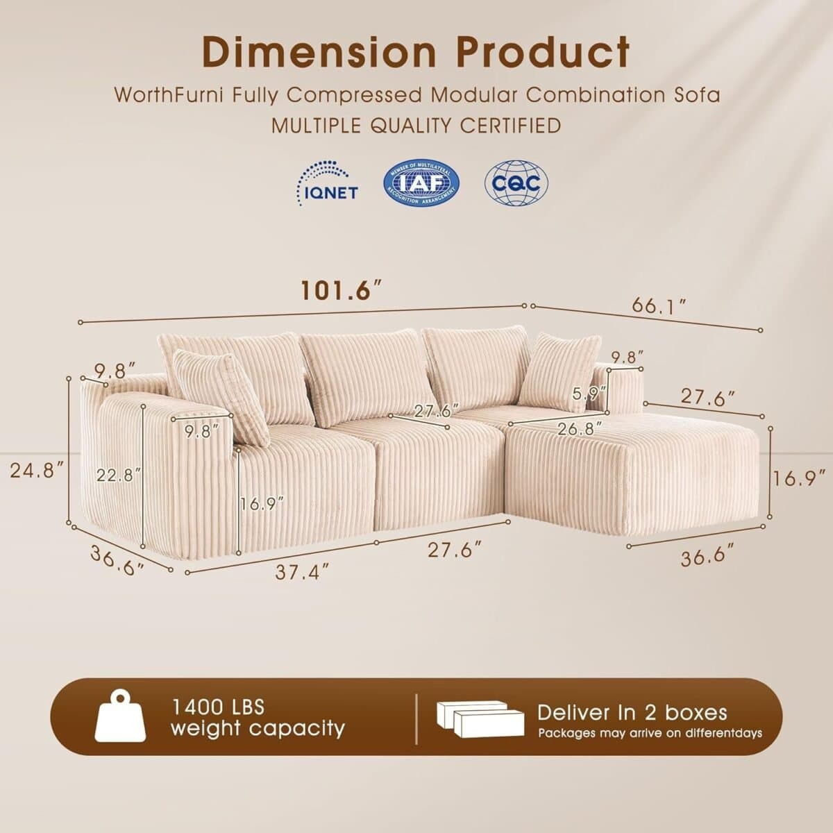 Modular Sectional Sofa with L-Shape Chaise, Cloud Sofa Living Room Bedroom Upholstered Sofa