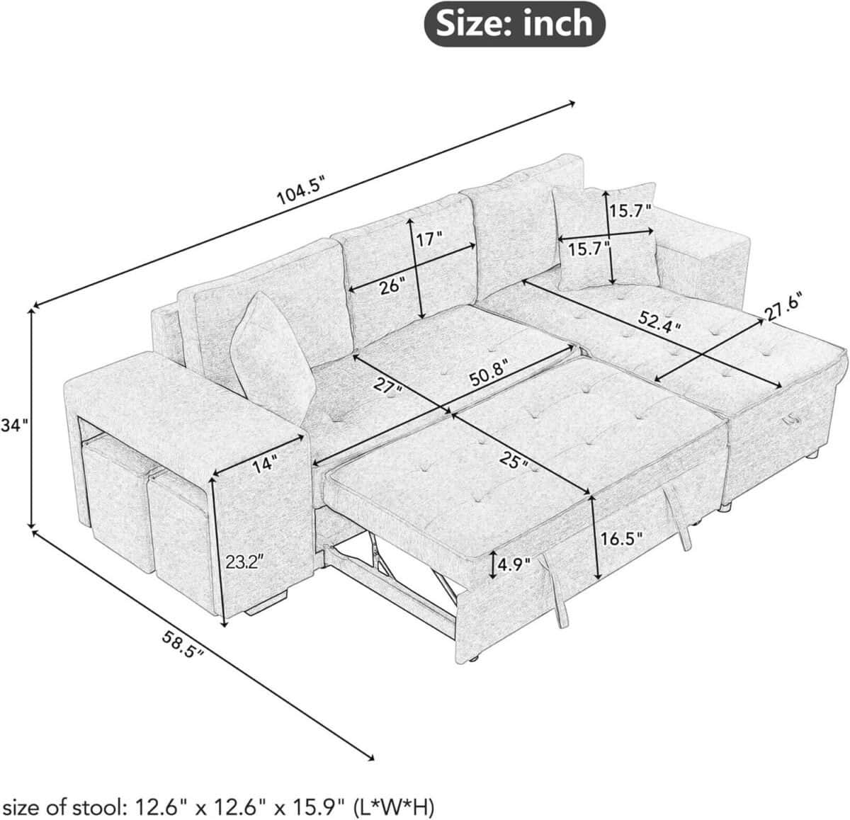 Sectional Sofa with Pull-Out Sleeper Sofa Bed, Chenille 3 Seat Sleeper Sofa with Wheels, Storage Chaise and 2 Stools, Upholstered Couch for Living Room