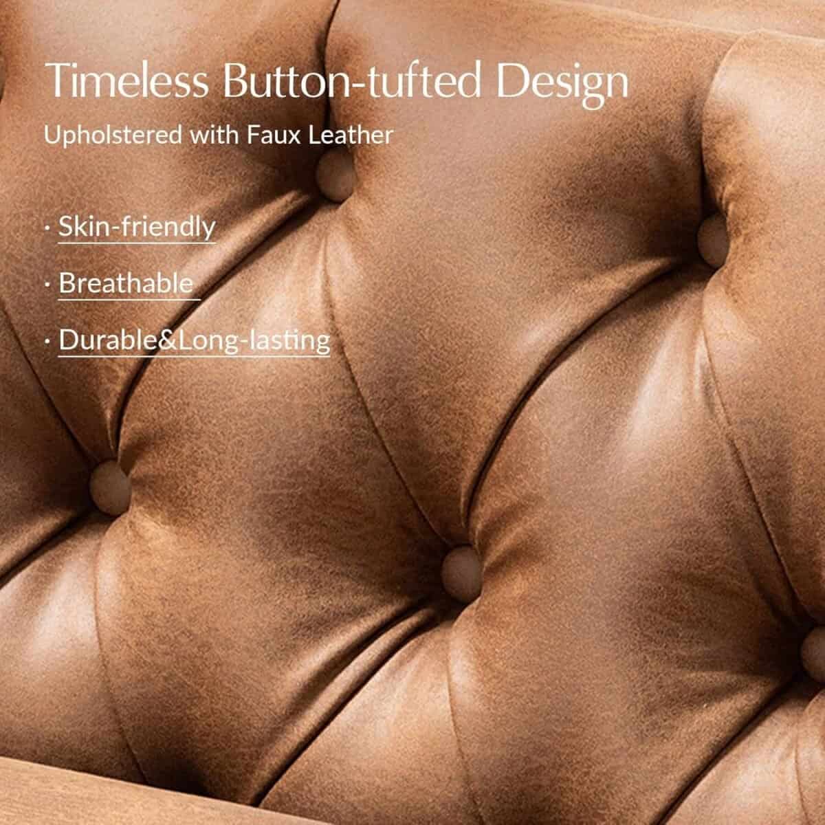 Leather Sofa Couch with Metal Legs, Button-Tufted 3-Seater Sofa, Mid Century Modern Upholstered Couch for Living Room