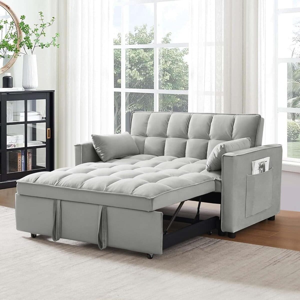 Pull Out Couch Bed Sleeper Sofa, Velvet 3-in-1 loveseat Sofa Bed with Pull-Out Bed, Two Throw Pillows