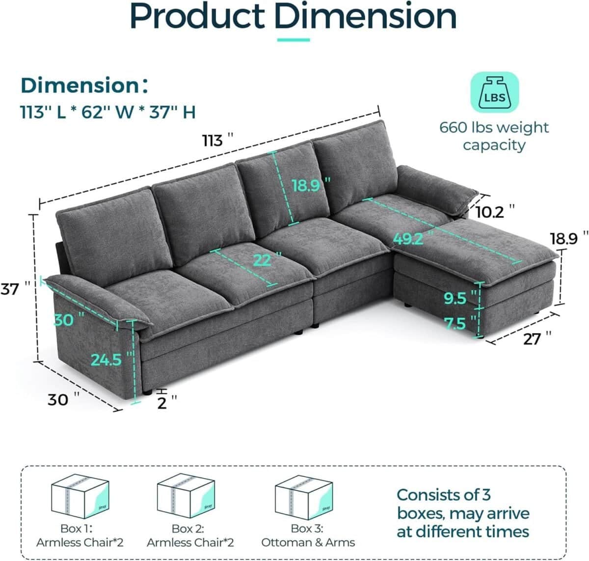 Modular Sofa Chaise Lounge, Sofa Bed Lounge with Armrests, Chenille Sleeper Sofa for Living Room