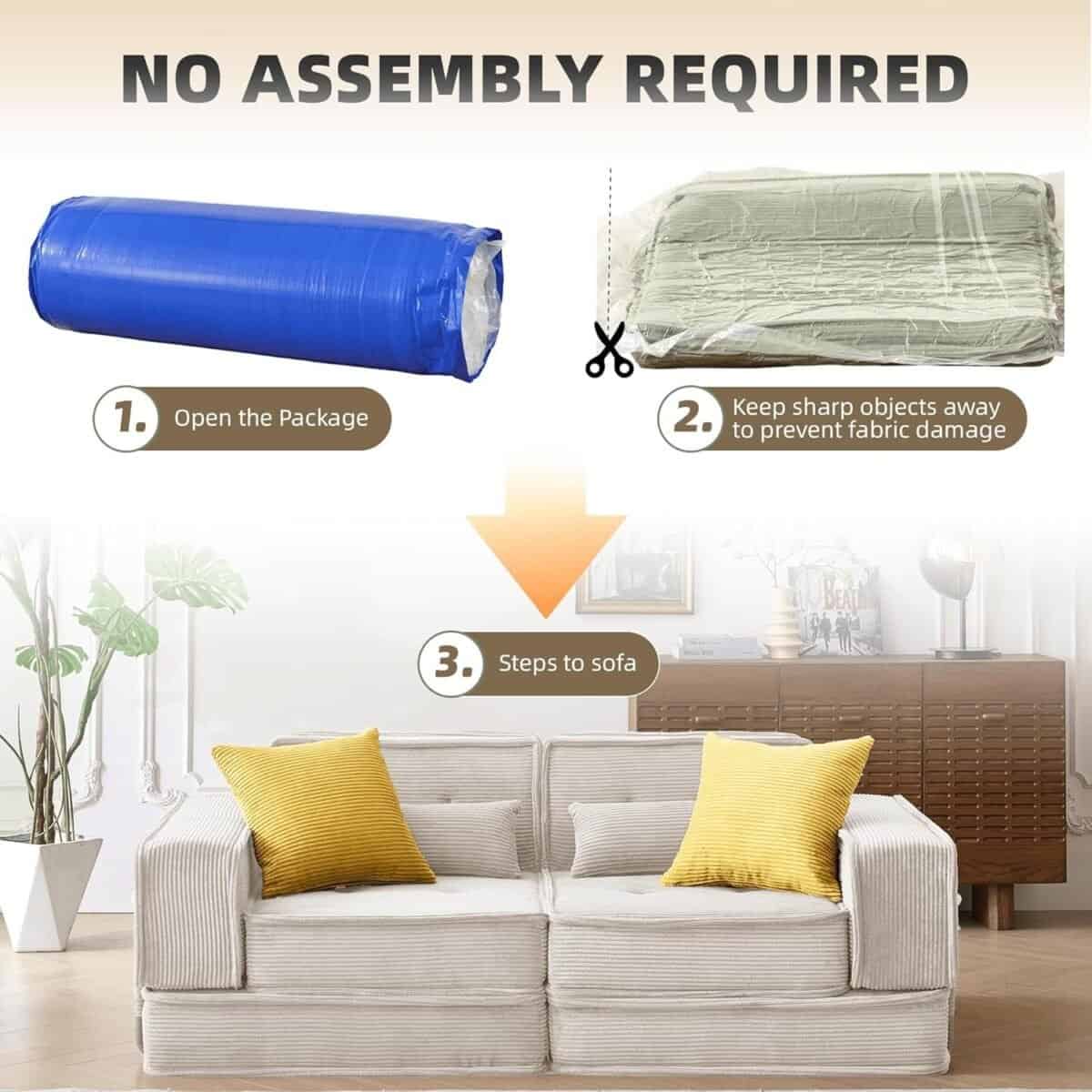Modular Sofa Bed, Sectional Couch for Living Room, Compressed Cloud Couch with Corduroy Fabric & Lumbar Pillows