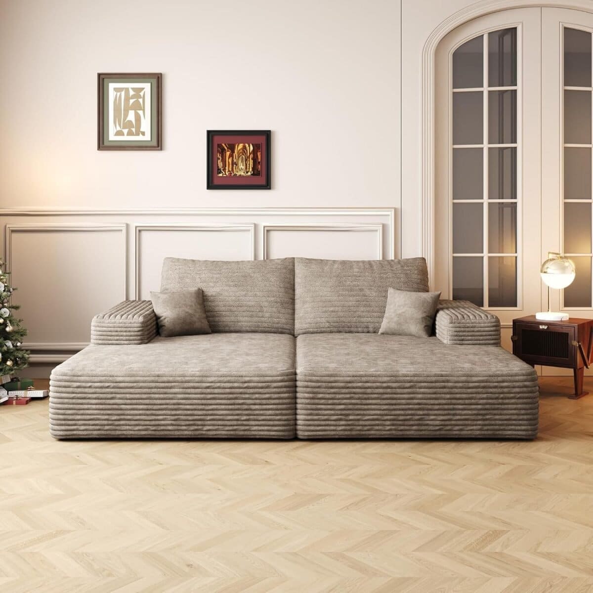 Modern Sofa Bed with Dual Sleeper and Chaise Lounge, Plush Corduroy Fabric, Camel Color