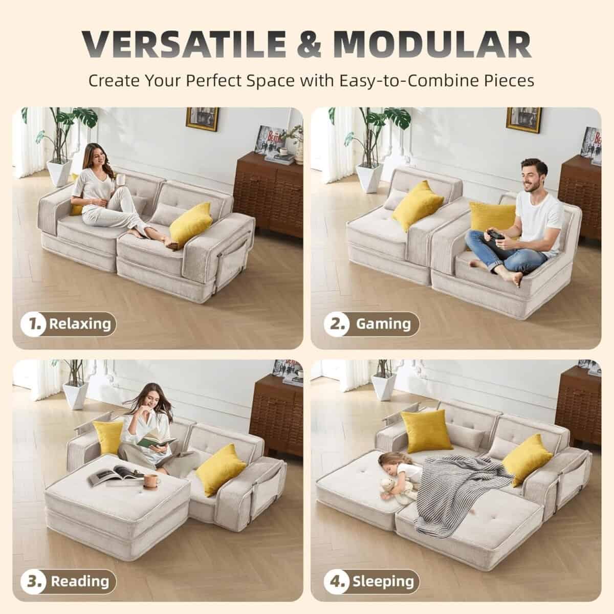 Modular Sofa Bed, Sectional Couch for Living Room, Compressed Cloud Couch with Corduroy Fabric & Lumbar Pillows