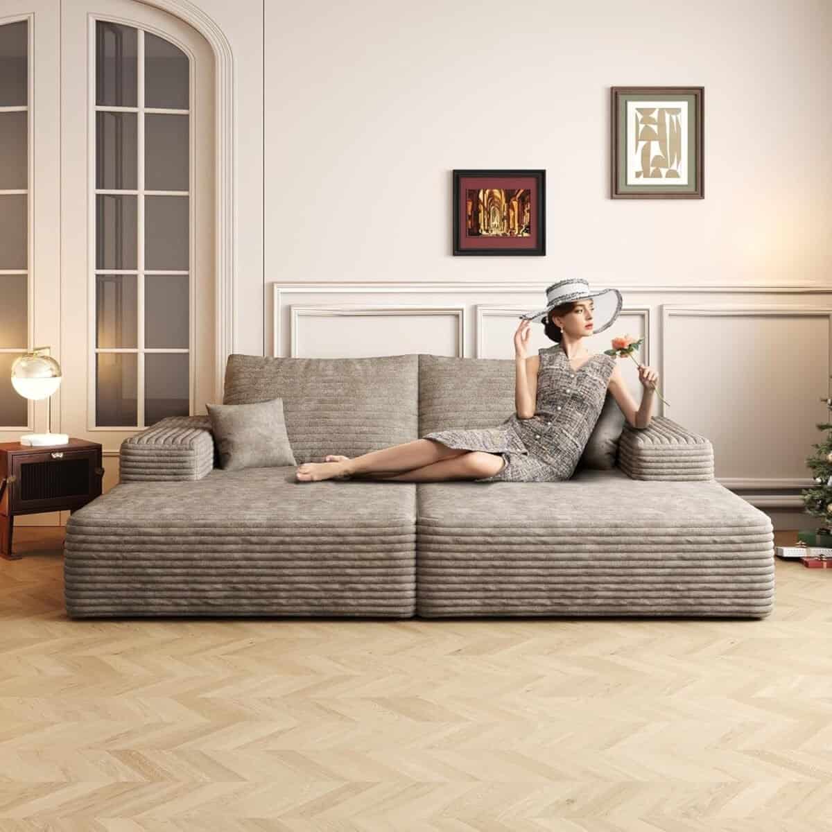 Modern Sofa Bed with Dual Sleeper and Chaise Lounge, Plush Corduroy Fabric, Camel Color