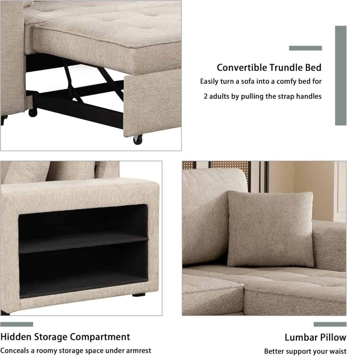Sectional Sofa with Pull-Out Sleeper Sofa Bed, Chenille 3 Seat Sleeper Sofa with Wheels, Storage Chaise and 2 Stools, Upholstered Couch for Living Room
