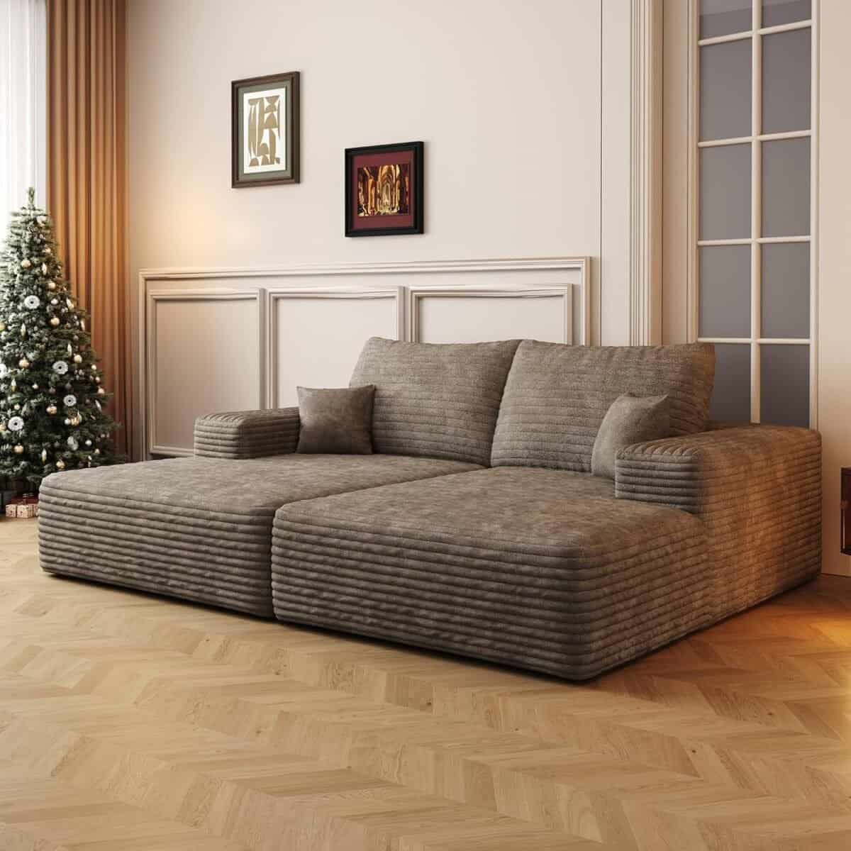 Modern Sofa Bed with Dual Sleeper and Chaise Lounge, Plush Corduroy Fabric, Camel Color