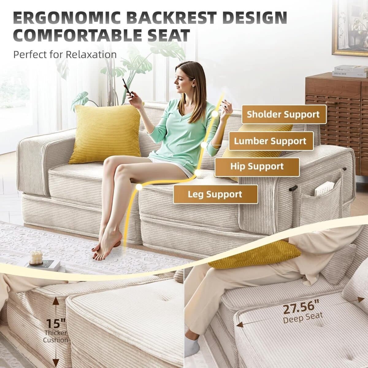 Modular Sofa Bed, Sectional Couch for Living Room, Compressed Cloud Couch with Corduroy Fabric & Lumbar Pillows