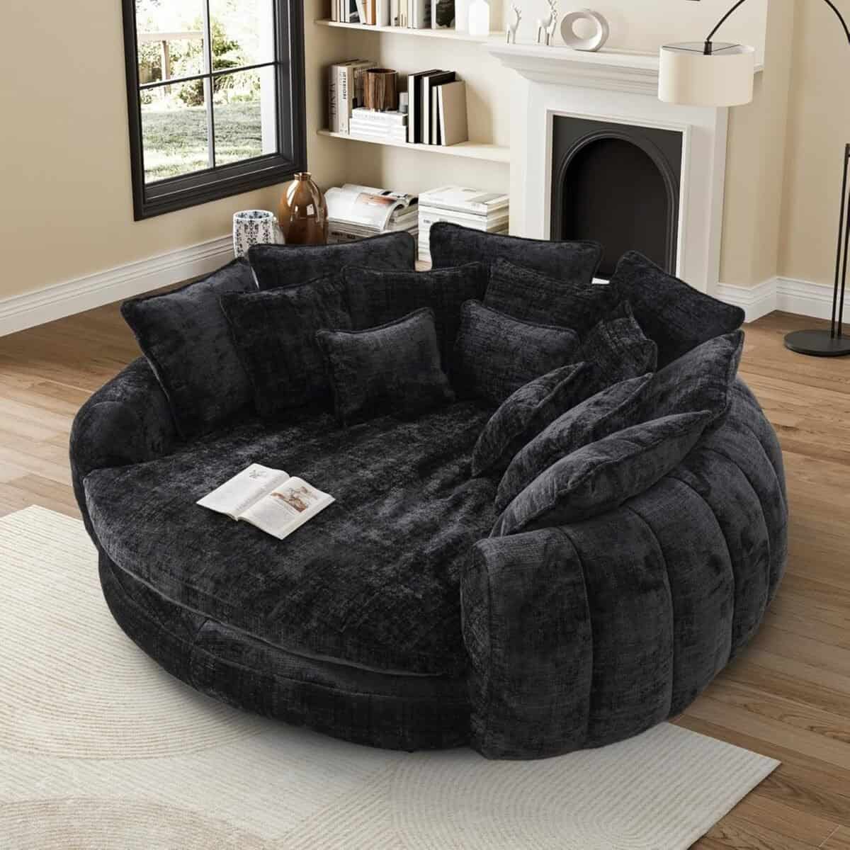 Oversized Bean Bag Chair, Upholstered Chenille Round Sofa Bed, Fluffy Plush Chaise Lounge Chair Indoor, Modern Comfy Cloud Couch with Deep Seat for Living Room