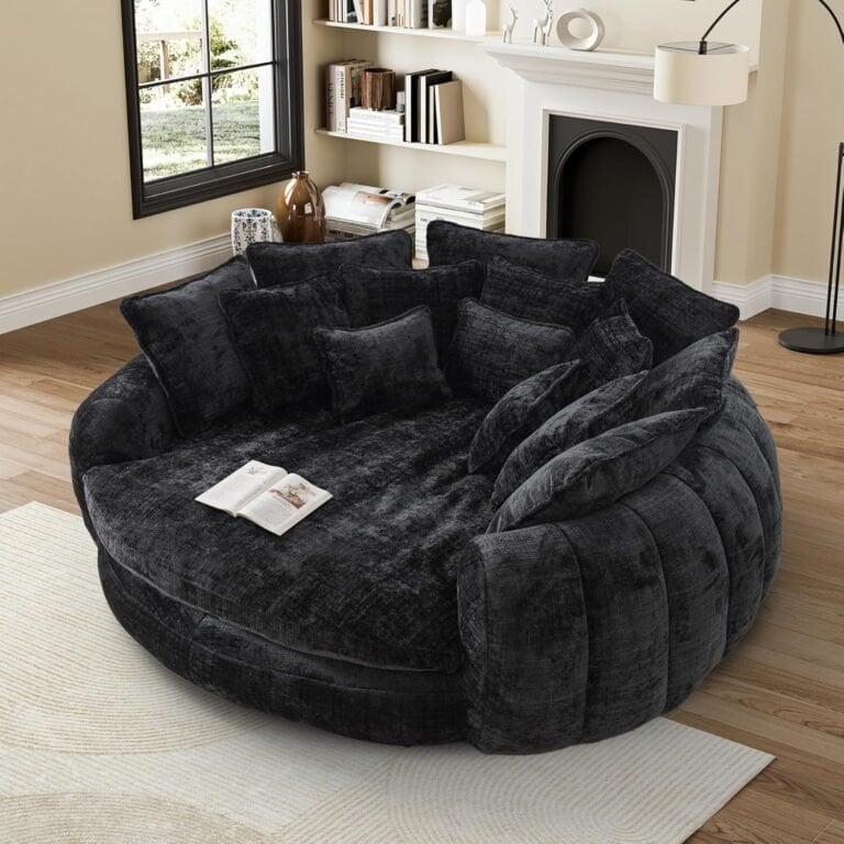Oversized Bean Bag Chair, Upholstered Chenille Round Sofa Bed, Fluffy Plush Chaise Lounge Chair Indoor, Modern Comfy Cloud Couch with Deep Seat for Living Room