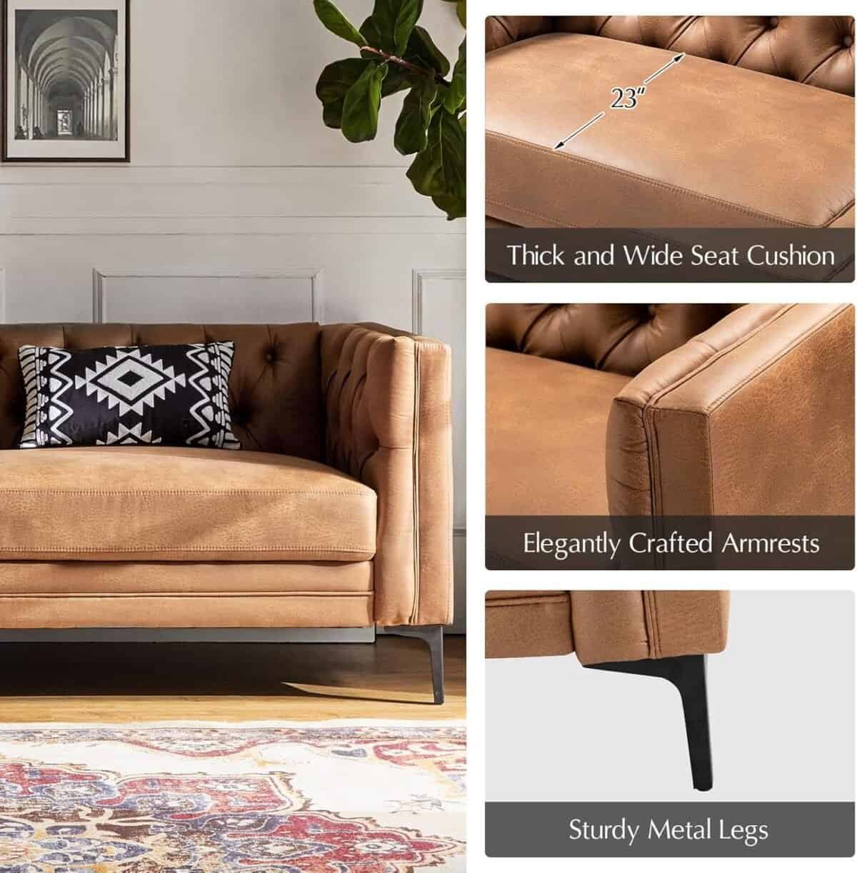 Leather Sofa Couch with Metal Legs, Button-Tufted 3-Seater Sofa, Mid Century Modern Upholstered Couch for Living Room